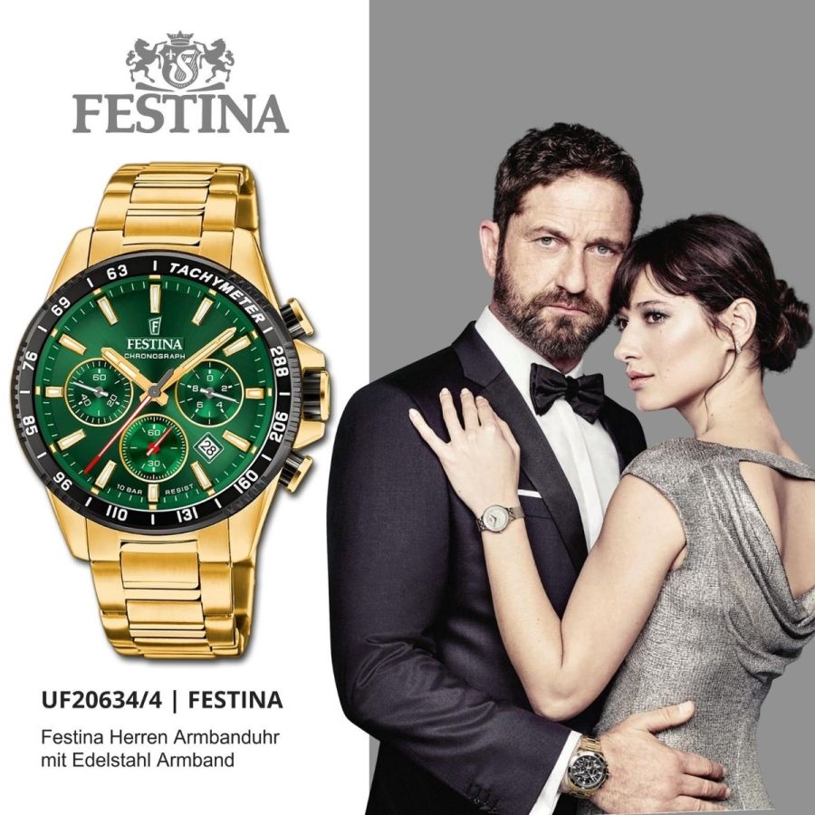 | Gold-Ton Festina F20634/4 Timeless Herren-Uhr Quarz Chrono Karat24 Edelstahl-Armband
